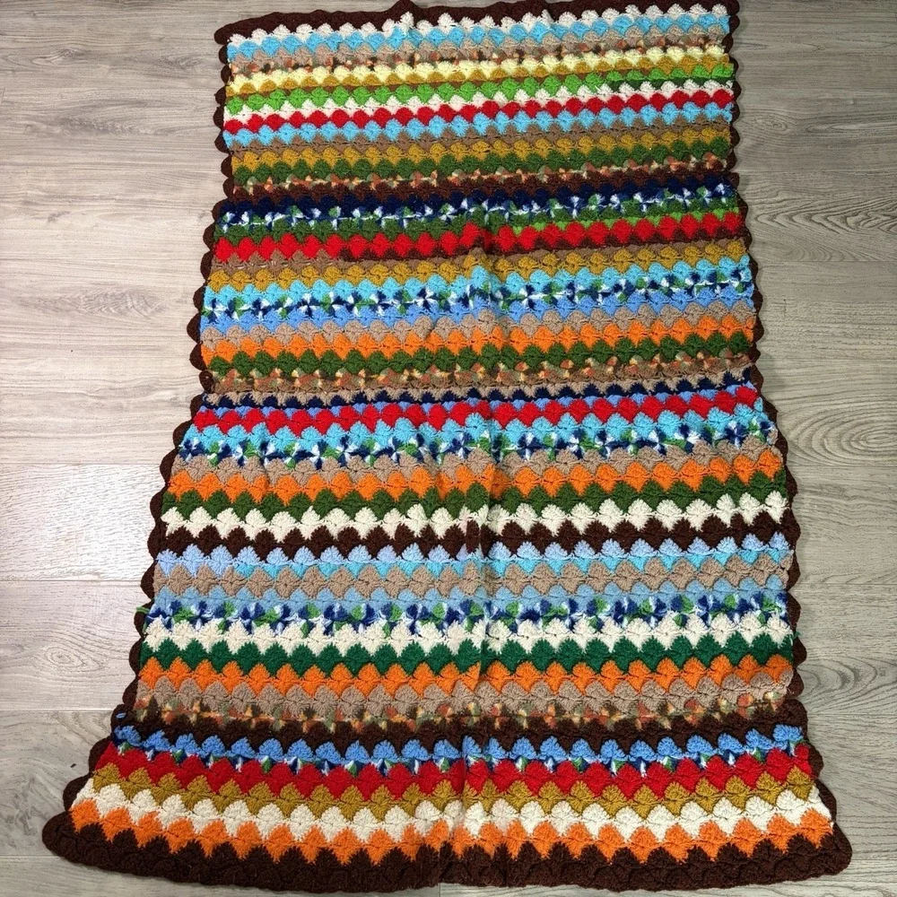 Vtg Vibrant Handmade Crochet Afghan Blanket Retro‎ Earth Tones 70s Ripple 58x37